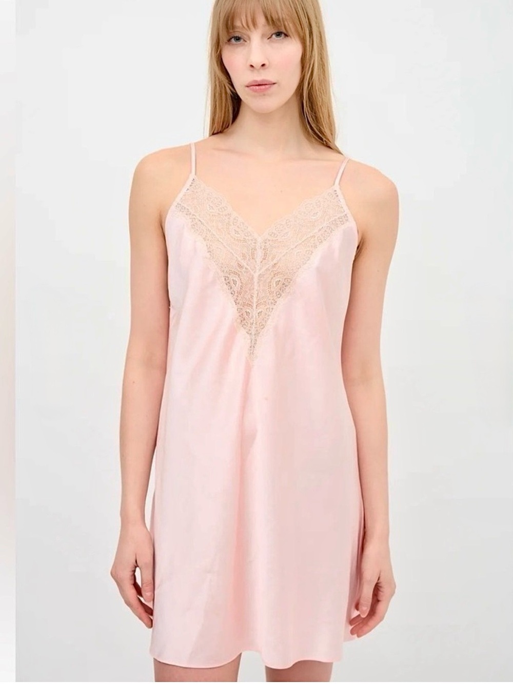 H by Halston Pink Satin Lace Trim Slip Dress Nightgown Sleepwear Women's Medium